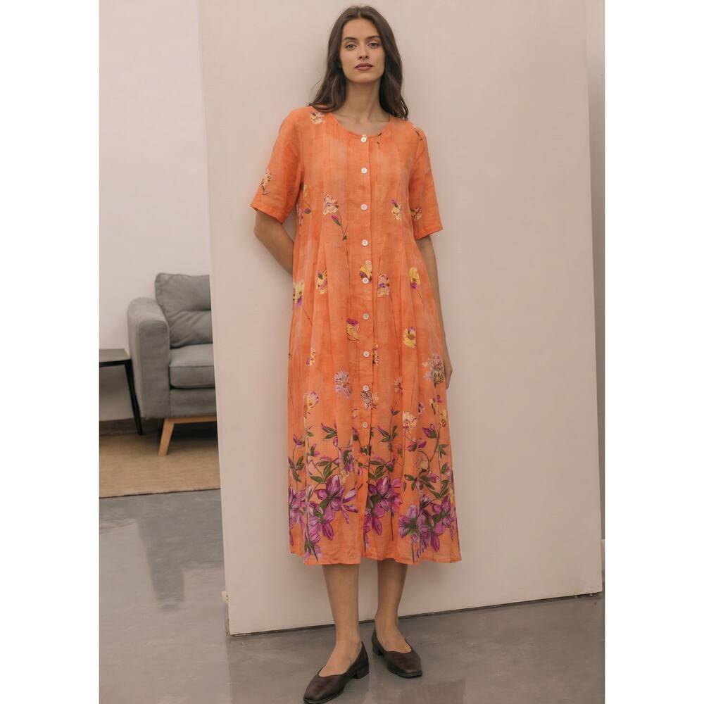 LA CERA Orange Floral Midi Dress Button Front L